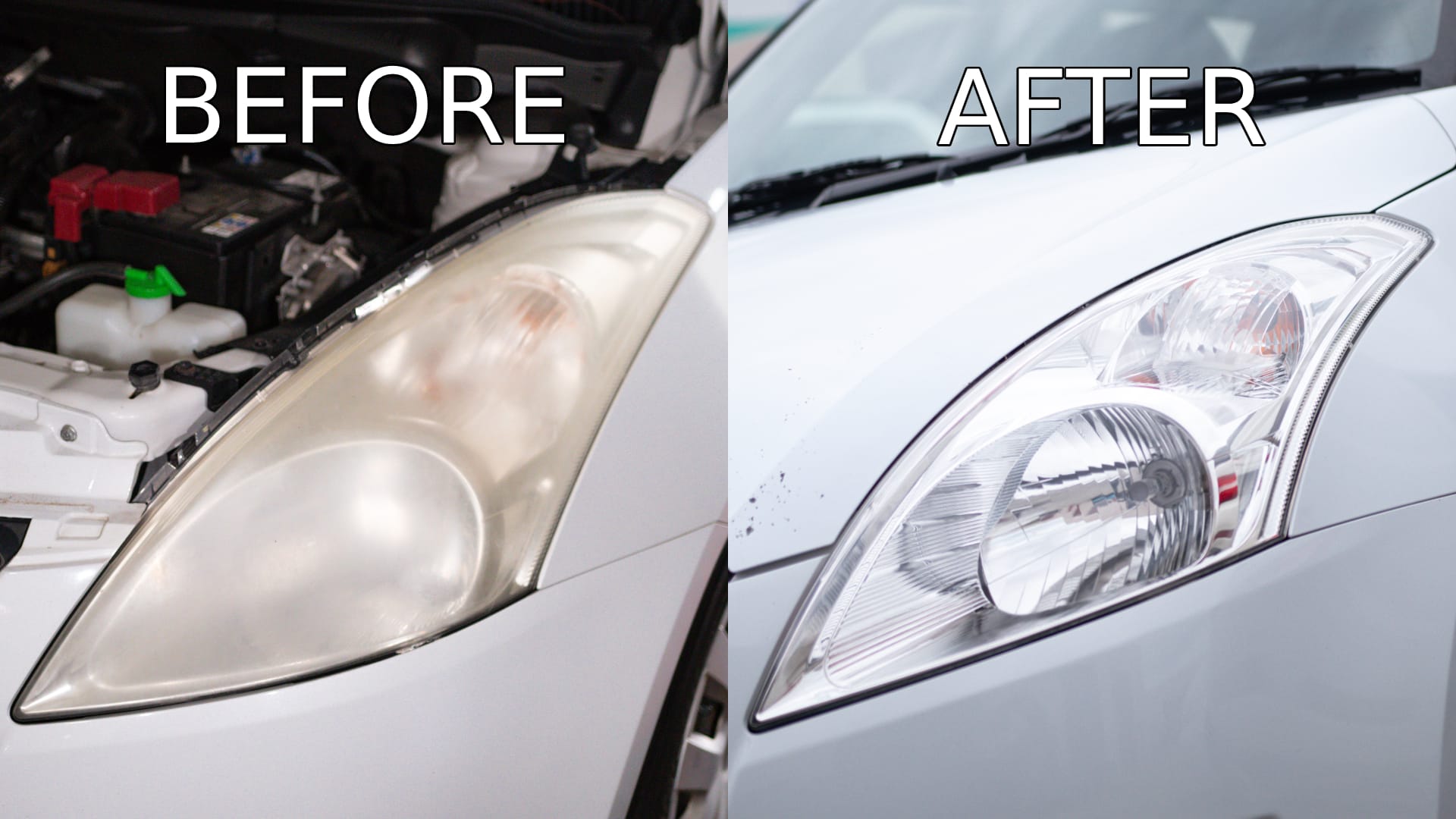 Before and after headlight restoration on a Suzuki Swift