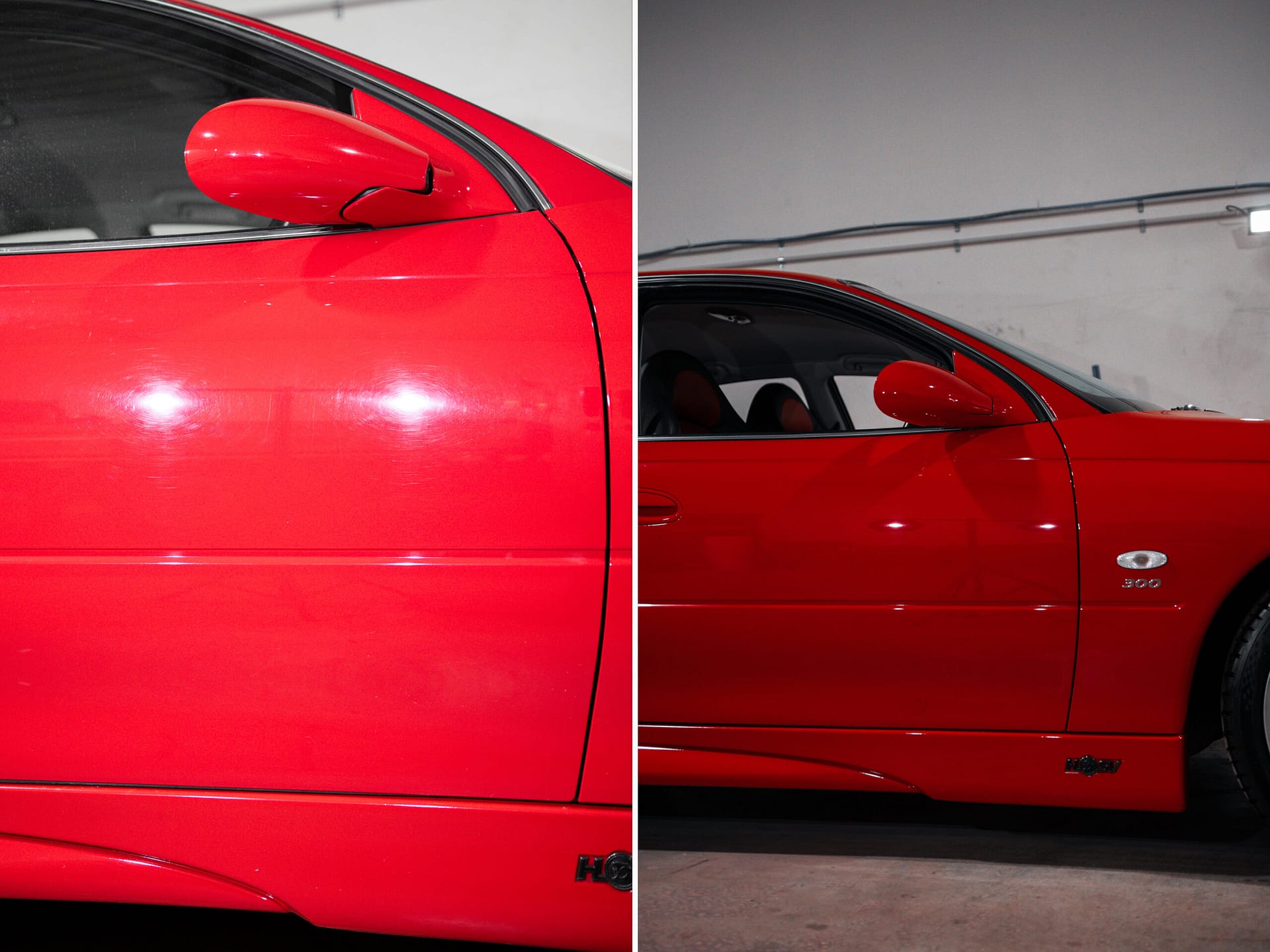 Before and after paint correction of a sting red HSV VT GTS300
