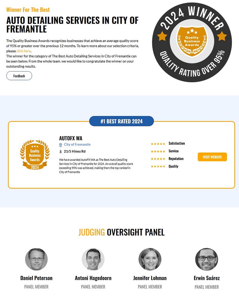 2024 business award Premium car detailing AutoFX WA workshop in O'Connor Perth